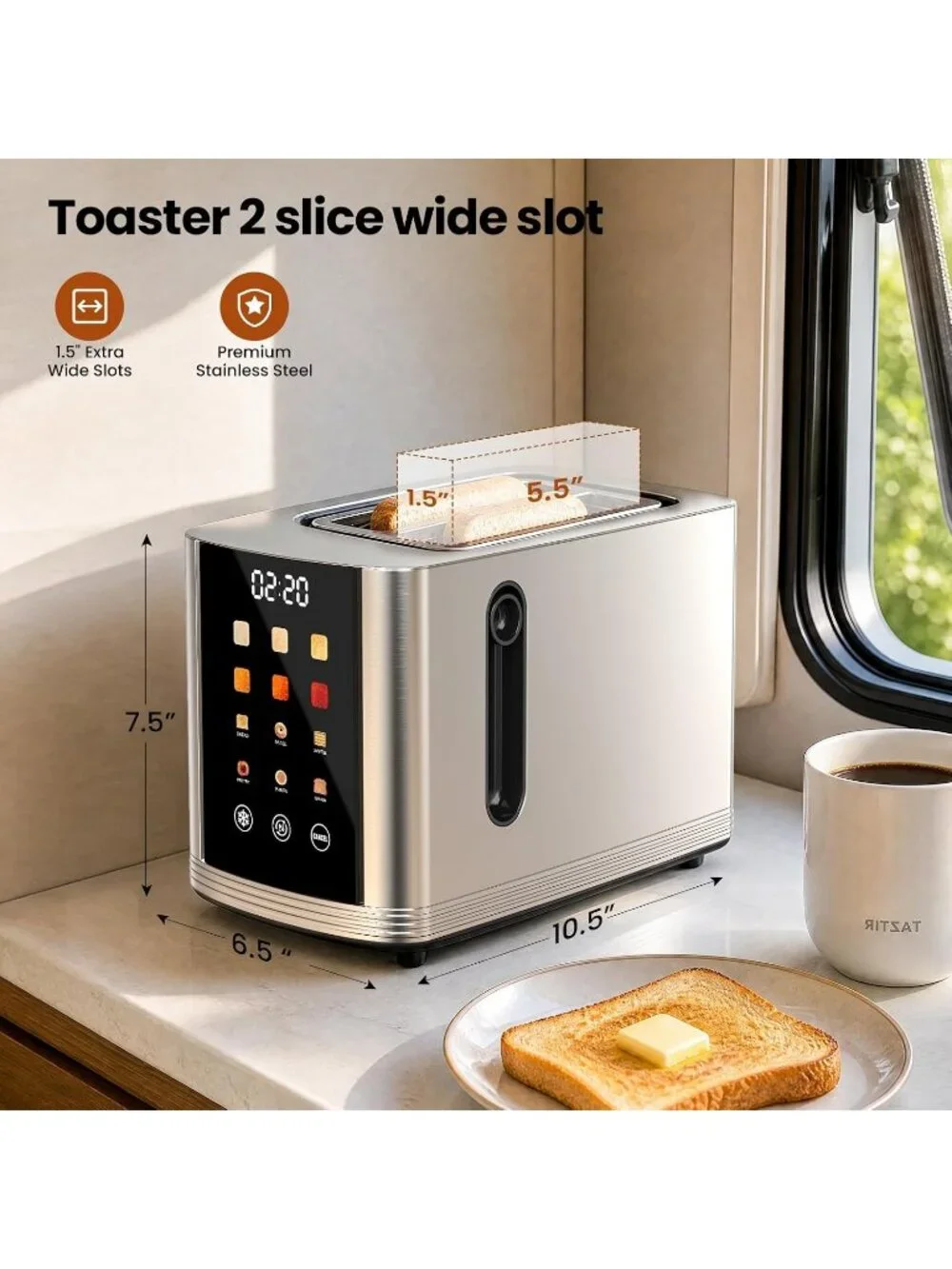 2 Slice Silver Touch Screen Digital Countdown Stainless Steel Toaster Wide Slot